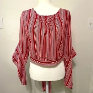 Milk & Honey women's medium red/white dramatic sleeve button & tie back blouse